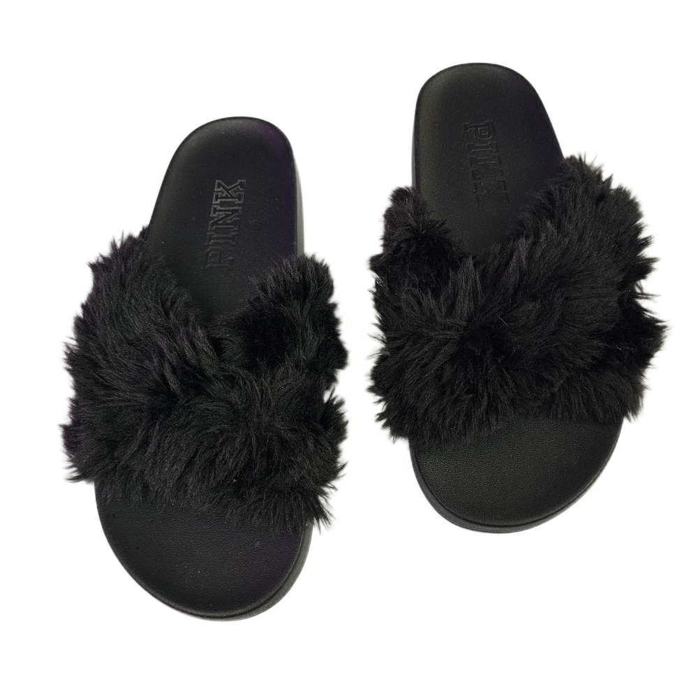 PINK Victoria's Secret Women's Crisscross Black Faux Fur Slides Slippers